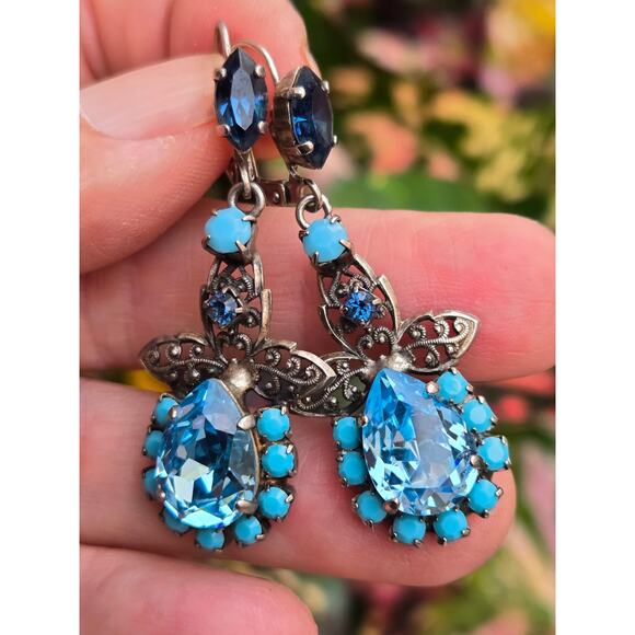 Vintage NIKOLAS FRANGOS Blue Swarovski Crystal Chandelier Earrings, Stunning! - Picture 3 of 10